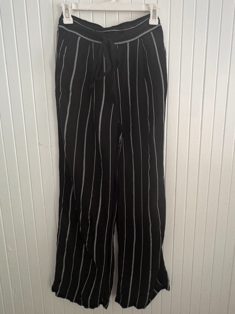 Linen Blend Wide Leg Black Striped Pants